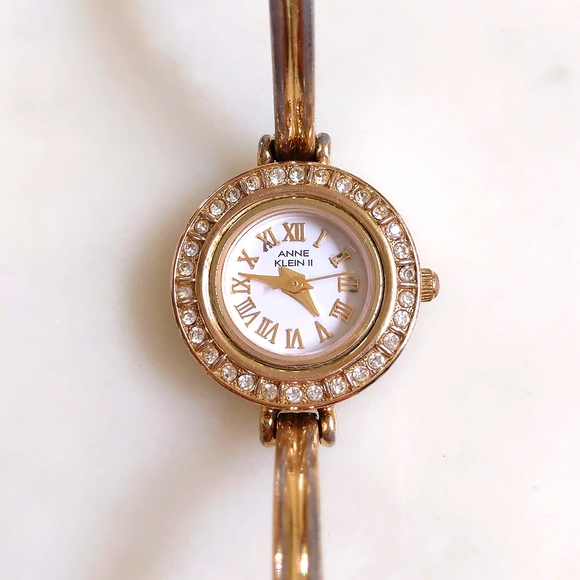 Vintage Anne Klein II Gold Tone with Crystals Stainless Steel Back Bangle Watch. - Picture 2 of 4